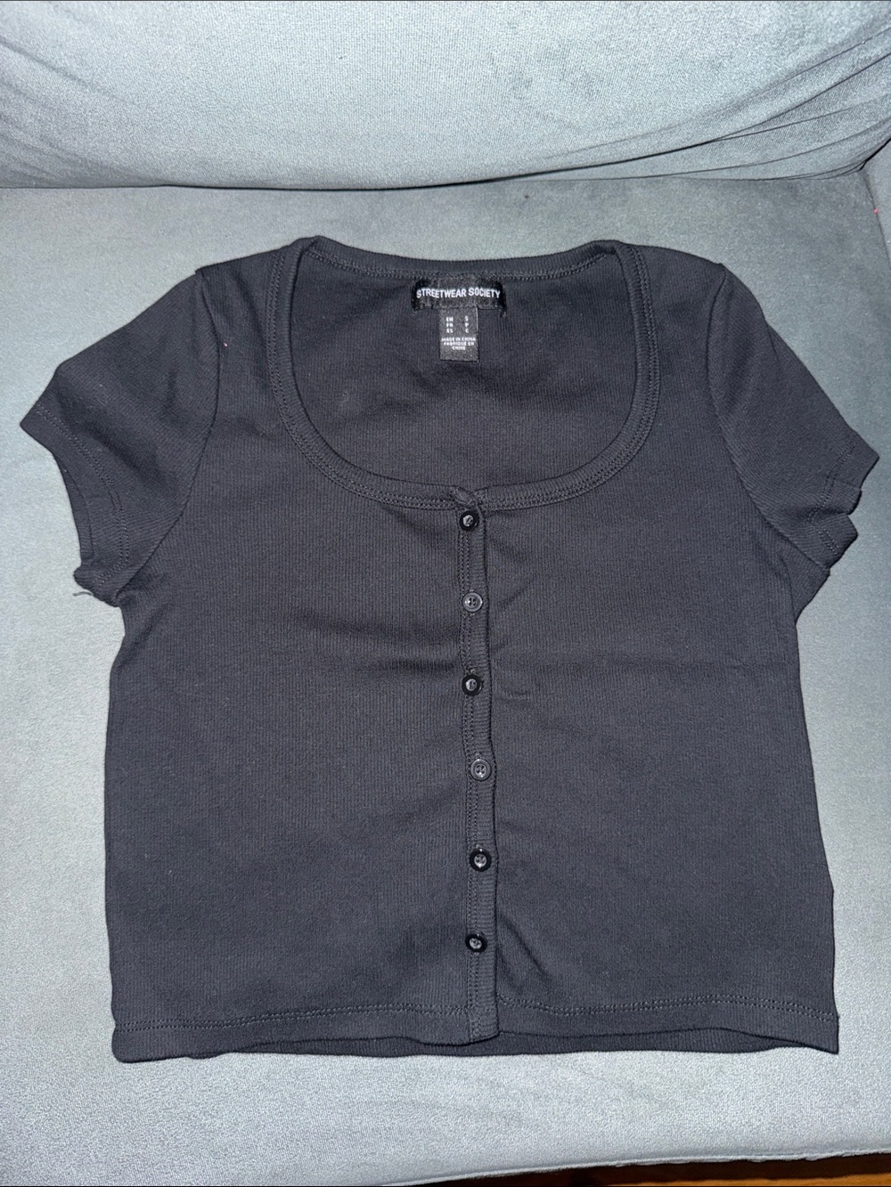 Streetwear Society Black Button-Front Scoop Crop Top